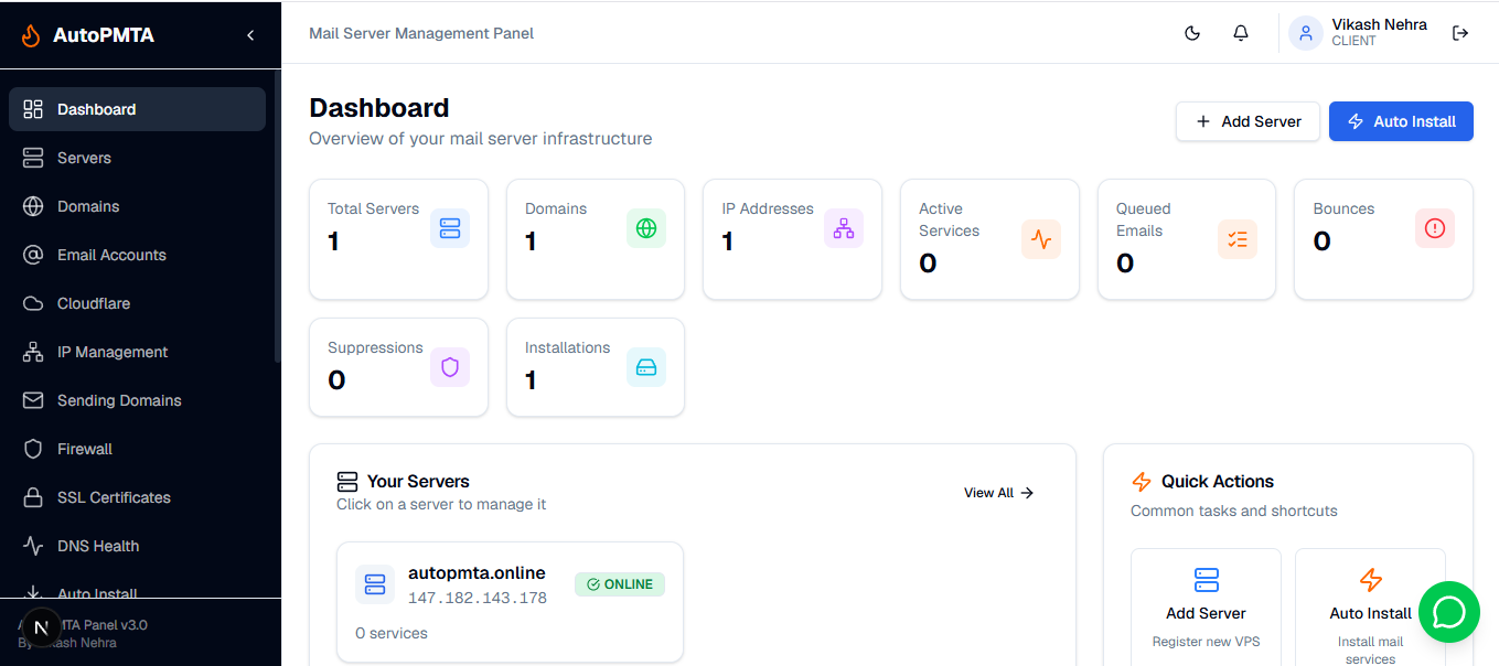 AutoPMTA dashboard — infrastructure overview